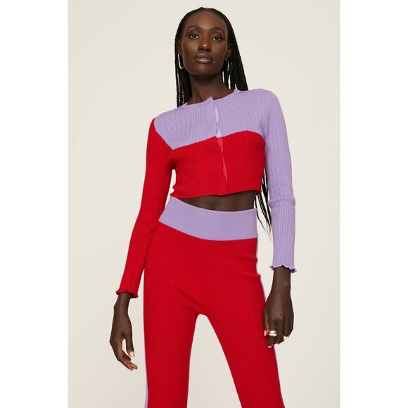 Victor Glemaud Red Purple Colorblock Cropped Cardigan Wool Sweater XS - Picture 2 of 14